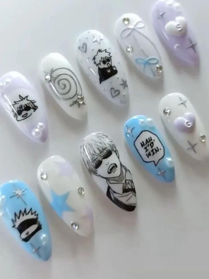 Gojo Inspired Press On Nails | Handmade Anime Sorcerer Blue 3D Nail Art | Reusable False Nails with Nail Kit | Free Adhesive Tabs Nail File & Cuticle Stick