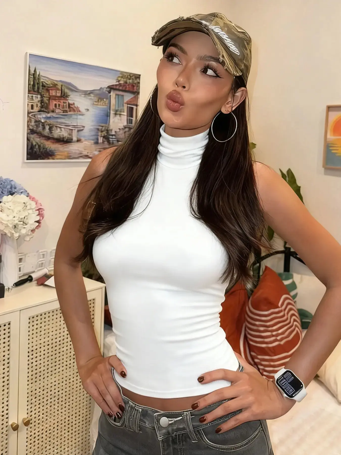 Women's Solid High Neck Turtleneck Cut Out Backless Tank Top, Sexy Plain Sleeveless Hollow Slim Fit Crop Top, Y2K Party Club Date Holiday Beach Vacation Daily Casual Sleeveless Cropped Shirt Camisole Tops For Ladies Summer Fashion Clothes Wear