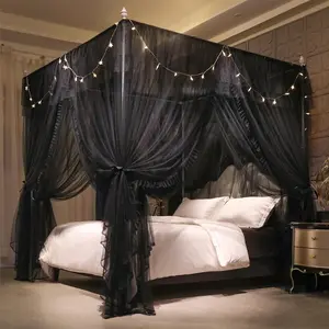 4 Corners  Ruffle Princess Bed Canopy Curtain-Double Layer Cozy Drape Netting 4 Opening Mosquito Net for Girls Adults Bedroom Decoration (Double-Black,59" W*82" L*82"*H/)