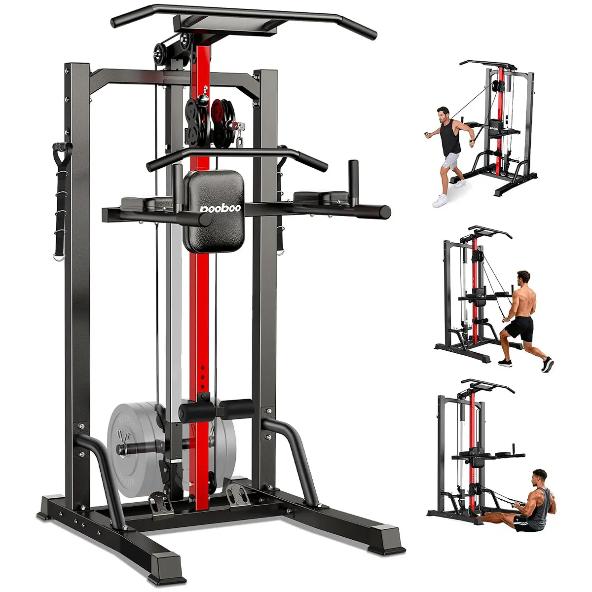 Pooboo Pull Up Bar Power Tower with Cable Machine, 450LB Home Gym Workout Station Pull up bar and 16-position cable system for pull ups, chin ups, lat pulldowns, rows and full-body training