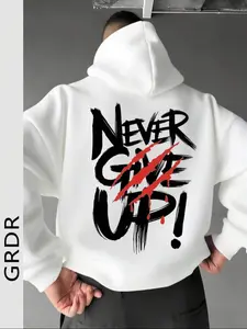 TikTok Trending Motivational Graffiti & Graphic print hoodie, White Style with "NEVER GIVE UP!" Slogan & Red Accent Print, Perfect for Black Friday & Cyber Monday Deals, Ideal for Inspirational Urban Outfits and Christmas Gift