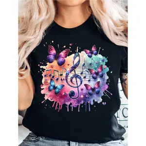 Women'S Colorful Music Note & Butterfly Print T-Shirt - Casual Crew Neck