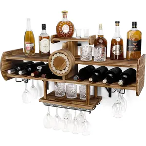 Wine Rack Wall Mounted Wood,Alcohol Shelf with Bottle Stemware Holder Rustic, Airplane Shape Multi Functional Liquor Display for Home Bar (Light Brown)