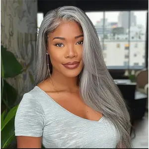 300% Density 13X4 Lace Front Wig 11 Salt & Pepper Gray Color Pre-Cut Straight Lace Front Wigs 11 For Black Women