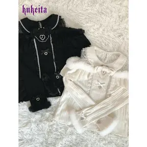 Kukeita Gothic Lolita 2pcs Set Women Japanese Kawaii Bow Heart Buttons Plush Trim Long Sleeve Blouse High Waist Plaid Skirt Sets