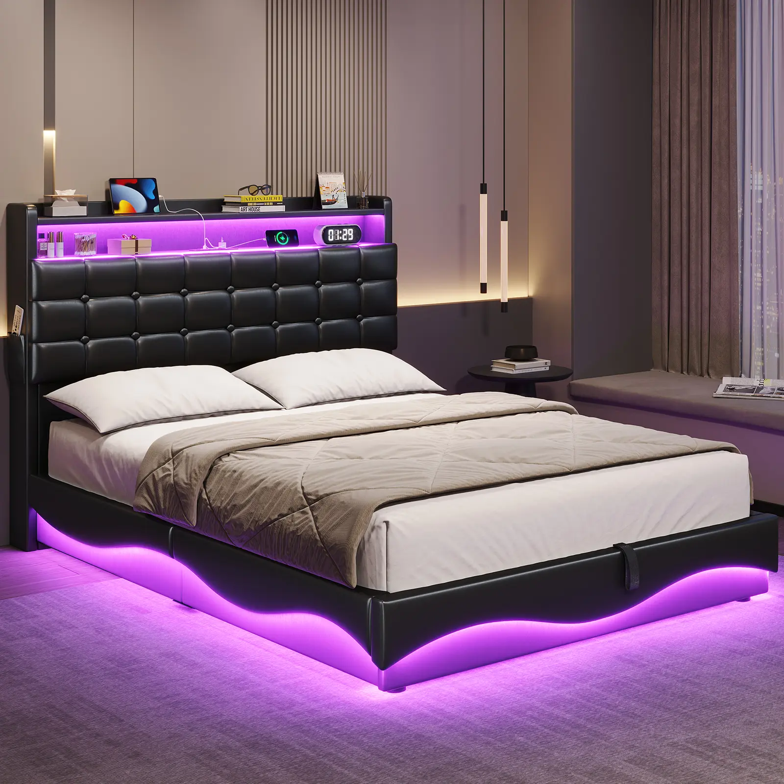 ADORNEVE Lift Up Storage Twin Bed Frame with Type-C Charging Station& Hidden Storage Headboard, LED Lights Upholstered Platform Bed, Twin Bed with Hydraulic, No Box Spring Needed