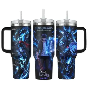 [Sip40 Otaku] Solo Leveling Sung Jin-Woo Shadow Monarch Anime Tumbler Cup, Full Wrap Shadow Army Design with Igris Beru Tusk Tank Kaisel, Stainless Steel Insulated Tumbler 40oz with Straw Lid