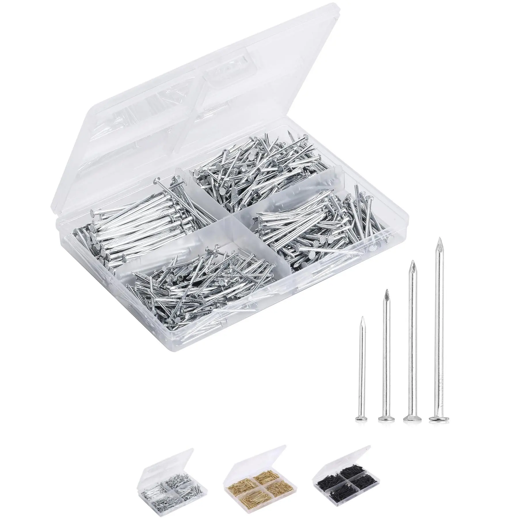 Nail Assortment Kit, 600 Pcs, 4 Sizes, Silver, Small Nails for Hanging Pictures, Finishing Nails, Gold Wall Nails for Hanging, Pin Nails, Hardware Nails, Assorted Nails, Galvanized Nails，Hand Tools Kit