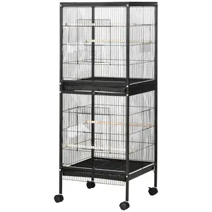 55-Inch Tall 2-Tier Stackable Bird Cage on Wheels, with 4 Wooden Perches, 4 Plastic Food Containers, Black Slide-Out Tray for Quick Clean – Ideal for Budgies, Finches
