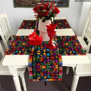 2D flat printing, 1 piece/4 pieces/6 pieces/5 pieces set/7 pieces set, Mexican May 5th Festival table flag and placemat set, Day of the Dead pattern, suitable for party and table decoration