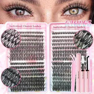 Mixed Length Individual False Eyelashes Extension Kit, DIY Lash Clusters, 1 Set Natural Curling Eyelash Glue & Tweezers & Eyelash Brush, Eye Makeup Enhancement Tool for Women, Cosmetic