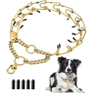 Dog Prong Collar, Adjustable Choke Collar for Dogs, High-Strength Metal Collar with Comfort Rubber Tips, for Small to Large Dogs, Gold Adjustable Golden Dog Chain Collar Adjustable Stainless Steel Prong Collar