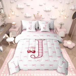Feelyou 7-Piece Ultra-Soft Microfiber Luxe Bed Comforter Set - Cherry Bowknot Initial J Monogrammed, Multi-Size, Princess Coquette Decor Bedding, Multi-Size Set