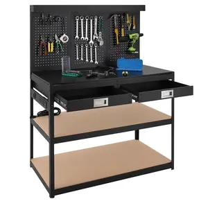 GARVEE Workbench for Garage,Heavy-Duty Steel Workbench with Pegboard for Workshop,Workbench with 2 Drawers,1000lbs Capacity& 4 AC Power Outlets,Durable 0.48" Hardwood Bench Top Thickness