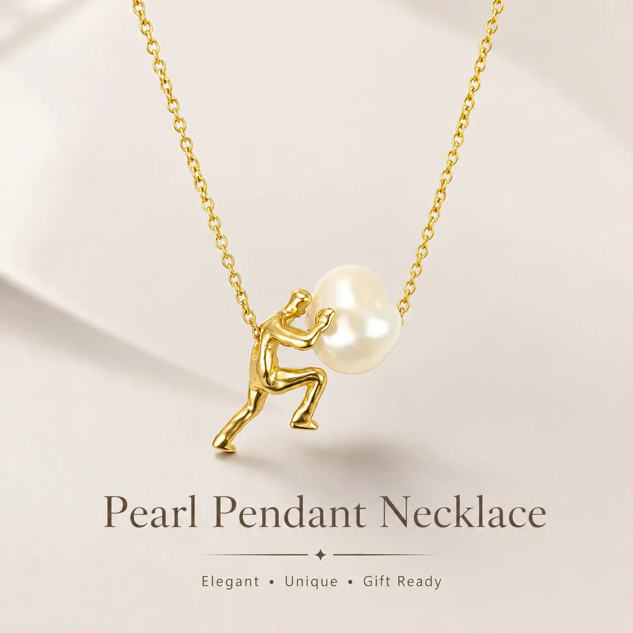Pendant Necklace - Gold Plated Sisyphus Greek Mythology Necklace with Baroque Pearl Boulder, Handcrafted Sculpted Statement Jewelry for Daily Wear, Dating, Office & Outfit Layering, Philosophical Meaningful Gift for Men, Women & Thinkers