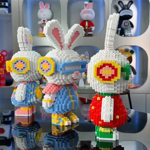 Cartoon Rabbit Design Building Blocks Model, 3 Counts Micro DIY Assembled Ornament, Educational Decompression Toys, Holiday Gift