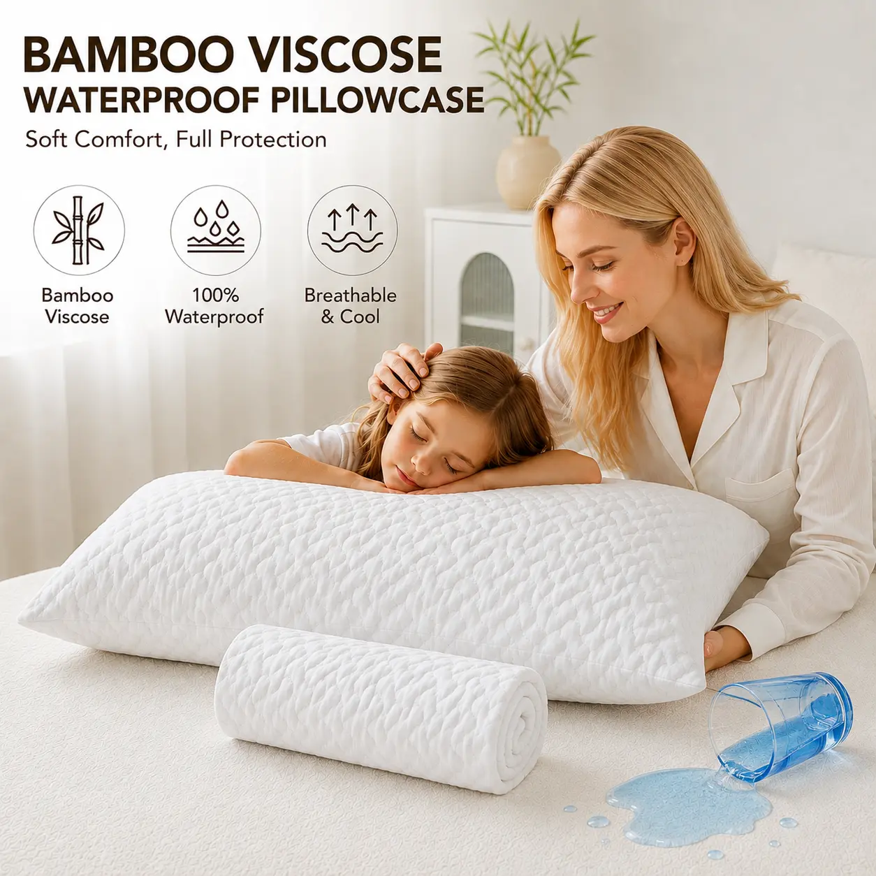 Cooling Bamboo-Feel Waterproof Pillowcase Set (Pack of 2) - Upgrade Your Bedtime Ritual, Soft, Breathable, Crisp Feel for a Perfect Night's Sleep