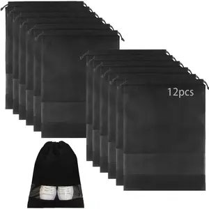 12 count Non-woven Shoe Bags for Travel 12.6" X 17.3" Portable Shoe Bags with Clear Window, Large Drawstring  Travel Shoe Storage Bag for Men & Women, Black,XL Size
