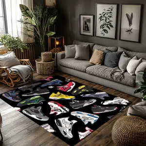 Kids Colorful Sneaker Collage Crystal Velvet Area Rug Black Non‑Slip Fashion Streetwear Children Room Rug#KidsSneakerCollageRug #StreetwearFashionRug #HypebeastDecor #BlackColorfulSneakerCarpet #CrystalVelvetRug