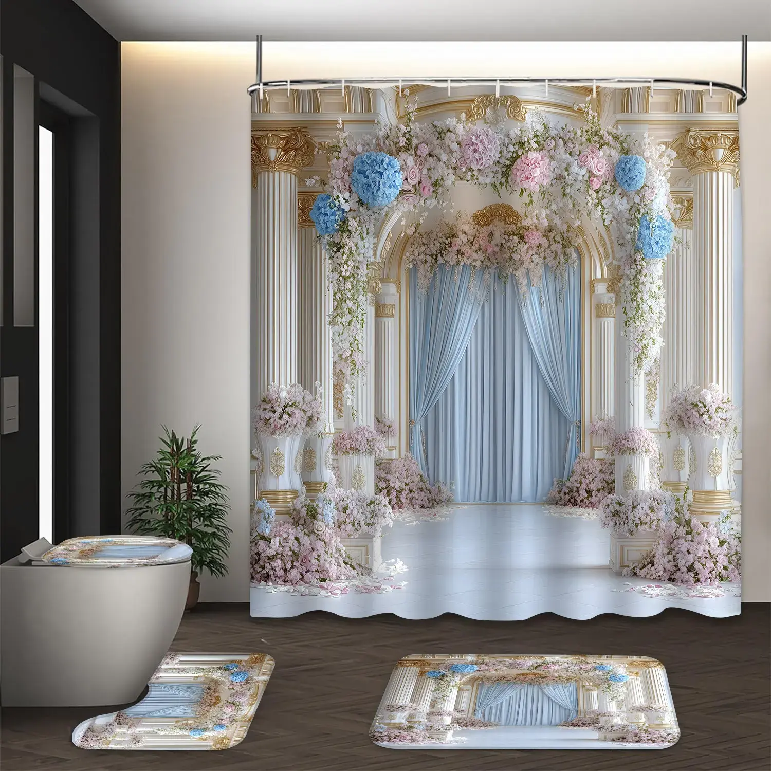 4Pcs Luxury Floral Arch Palace Print Elegant Romantic Wedding Multi-Color Printed Shower Curtain Set Bathroom Decoration Accessories 70.8×70.8 Inch