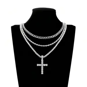 Men Women Hip Hop Cross Shiny Pendant With 4mm Moissanite Tennis Chain Charm Iced Out Bling Exquisite Necklace Jewelry Fashion Gift