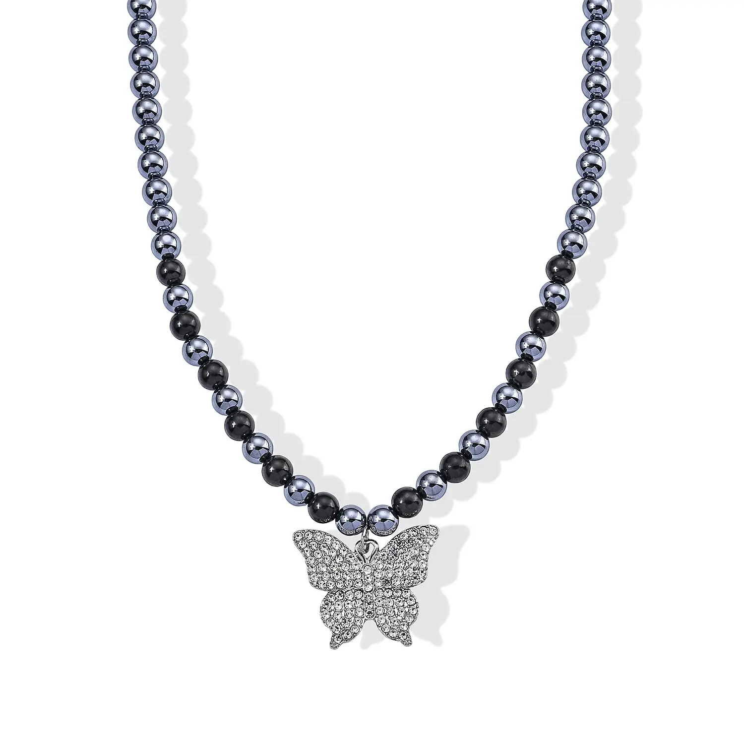 Terahertz and Shungite 210.00 ctw, Austrian Crystal Beaded Butterfly Necklace (18-20 Inches) in Silvertone and Stainless Steel