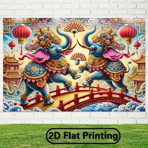 1pc Durable Polyester 2D Flat Vibrant Blue Elephant Backdrop - Traditional Asian-Inspired Design with Golden Accents, Red Bridge, Lanterns, Indoor/Outdoor Wedding & Birthday Photography Background