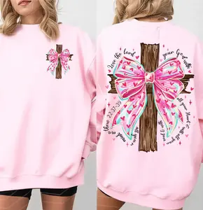 Religious Valentine 1 John 4:19 Christian Two Sides Sweater, Pink Coquette Bow Jesus Cross Shirt, Bible Verse Faith Tee, Christian Valentine Gifts