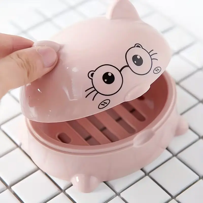 Large Cartoon Soap Dish with Lid Drainable Oval Plastic Bathroom Tray Nordic Style Soap Holder Cute Cartoon Soap Box Double-layer Draining Soap Box for Home Use Plastic Bathroom Essential Tray