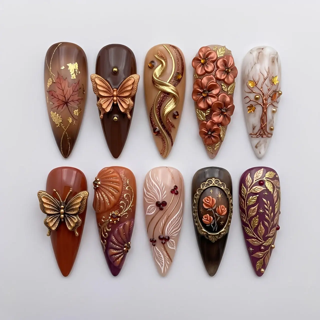Autumn Butterfly Press On Nails, 3D Copper Floral Maple Leaf and Gold Vine Nail Art, Brown Burgundy Long Stiletto Fall Reusable Fake Nail Set