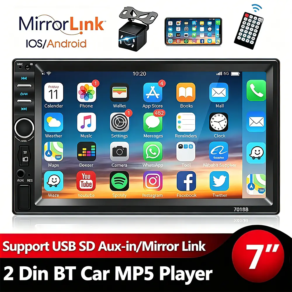 7 Inch HD Touchscreen Car MP5 Radio, Waterproof Rear View Camera, Bluetooth Audio TF Card USB Player for Car Safety & Entertainment 3-Channel Dash Cam with IPS Screen