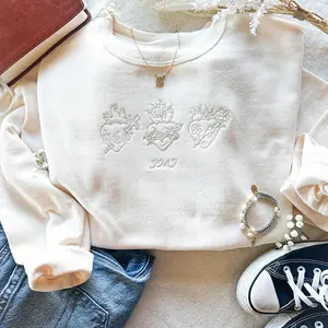 Holy Family Hearts Embroidered Sweatshirt, Sacred Heart of Jesus Crewneck Sweatshirt, Immaculate Heart & Most Chaste Heart Sweater, Catholic Gift, Faith Based Christian Apparel