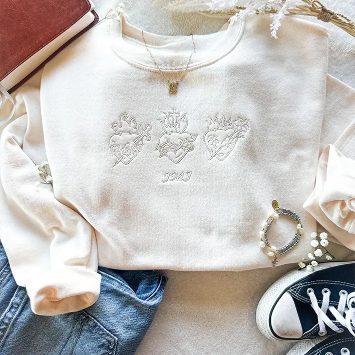Holy Family Hearts Embroidered Sweatshirt, Sacred Heart of Jesus Crewneck Sweatshirt, Immaculate Heart & Most Chaste Heart Sweater, Catholic Gift, Faith Based Christian Apparel