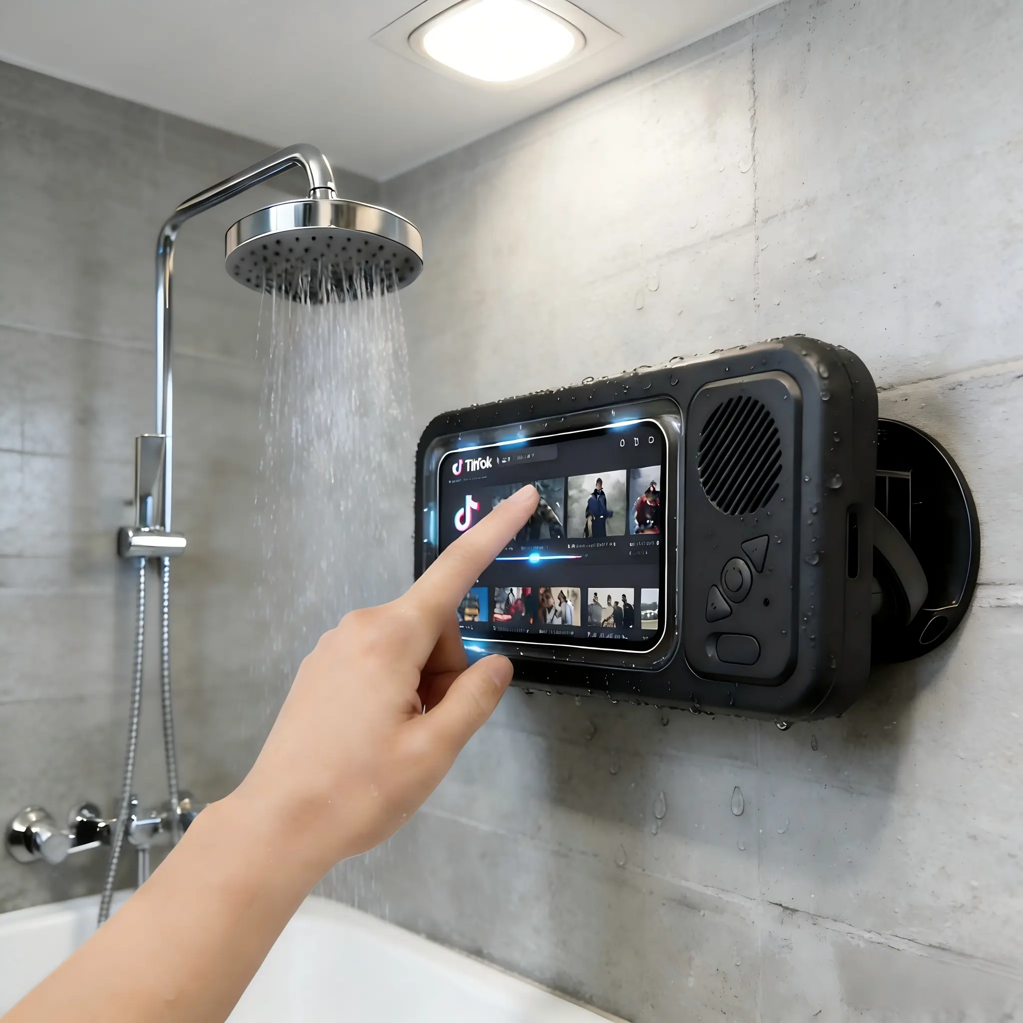 Waterproof Shower Cellphone Holder Mount with Bluetooth Speaker - 360° Rotating, Anti-Fog Touchscreen Retractable Mobile Stand for Video Watching, Music Listening, Calls in Shower, Bathroom