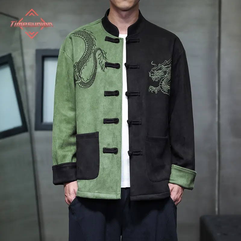 Men's Chinese Style Tang Suit Jacket with Asian Dragon Embroidery, Polyester Stand Collar Casual Outerwear for Autumn Winter, Sleeve, Coats, Tat, Knitting, Polyester Blend, Decoration, Menswear, Cloud, Traditional, Clothes