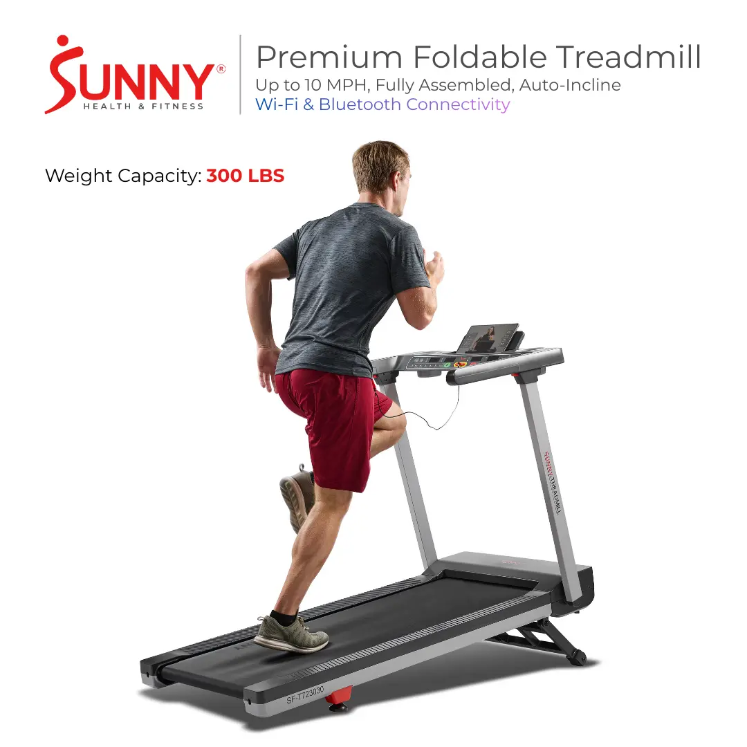 SUNNY Foldable Treadmill Fully Assembled with One Click Folding 20 Inch Wide Running Surface 300 lbs Capacity Up to 10 MPH 15 Auto Incline Levels Brushless Silent Motor Space Saving Home Gym Fitness Workout Running Machine Shock Absorption Easy Setup