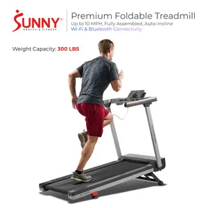 Sunny Health & Fitness Foldable Treadmill w/ 20" Wide Running Surface 300 LBS Capacity Up to 10 MPH and 15 Incline Settings Home Gym Equipment Fitness