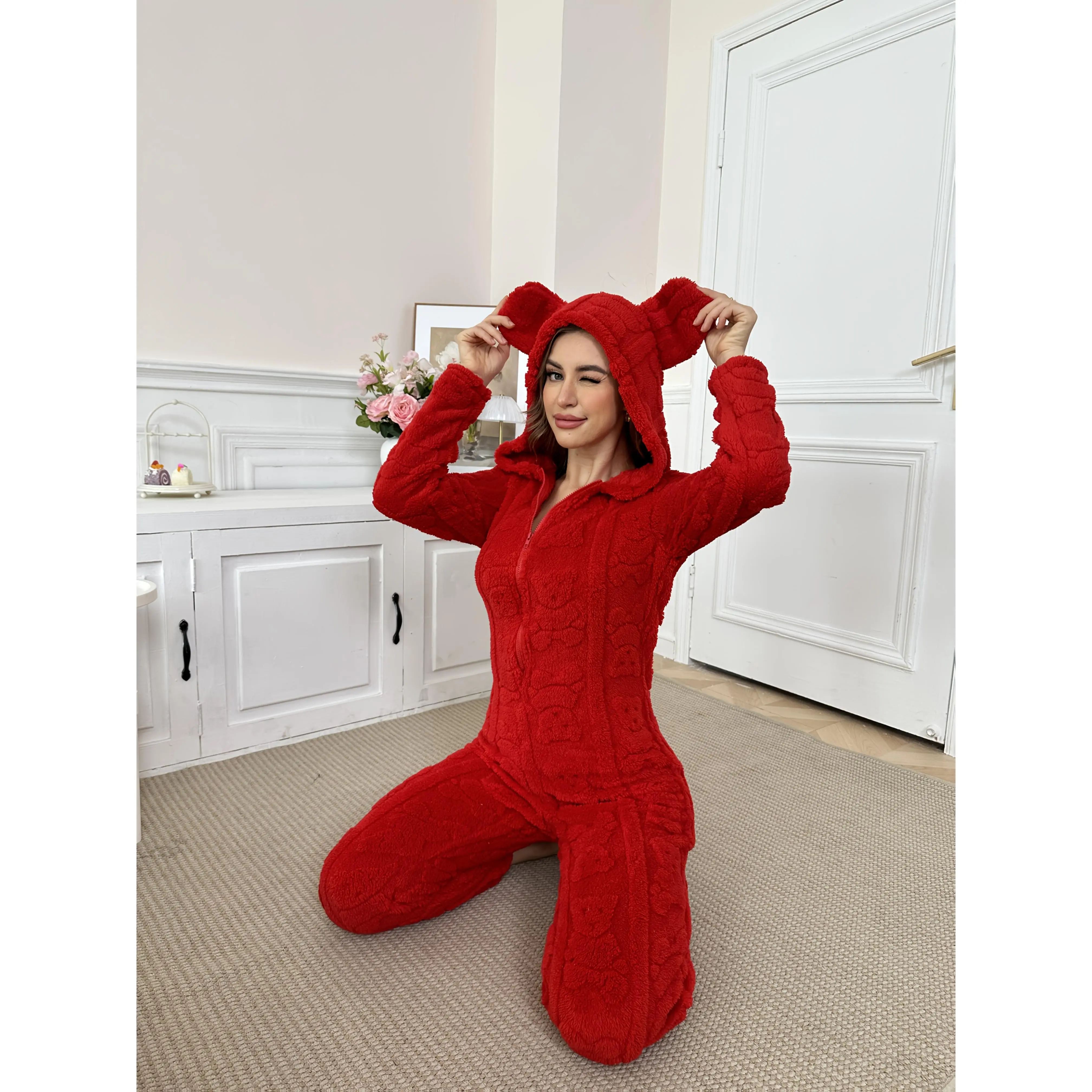 Women's Bunny Hooded Loungewear Onesie - Casual Solid Plush Knit Zipper Sleepwear for Fall, Winter, Polyester