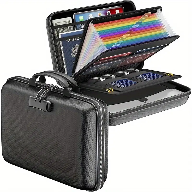 Fireproof Lockable Document Box - Hard-Shell Organizer with 13 Pockets Accordion File Folder, Portable Safe Storage Case for Important Documents & Laptop, Home/Office Use, Black