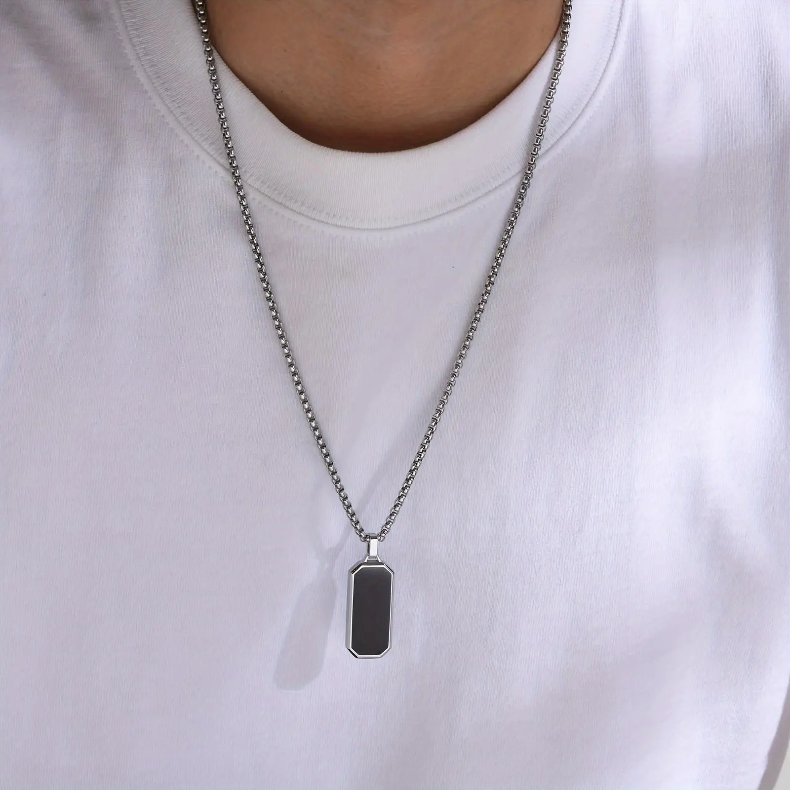 Men's 304 Stainless Steel Minimalist Black Rectangular Pendant Necklace - 304 Stainless Steel Flexible Link Chain, Metal Plate, Nameplate Element Jewelry for Casual Style Wear, Metal Plate Necklaces, Casual Style Necklaces