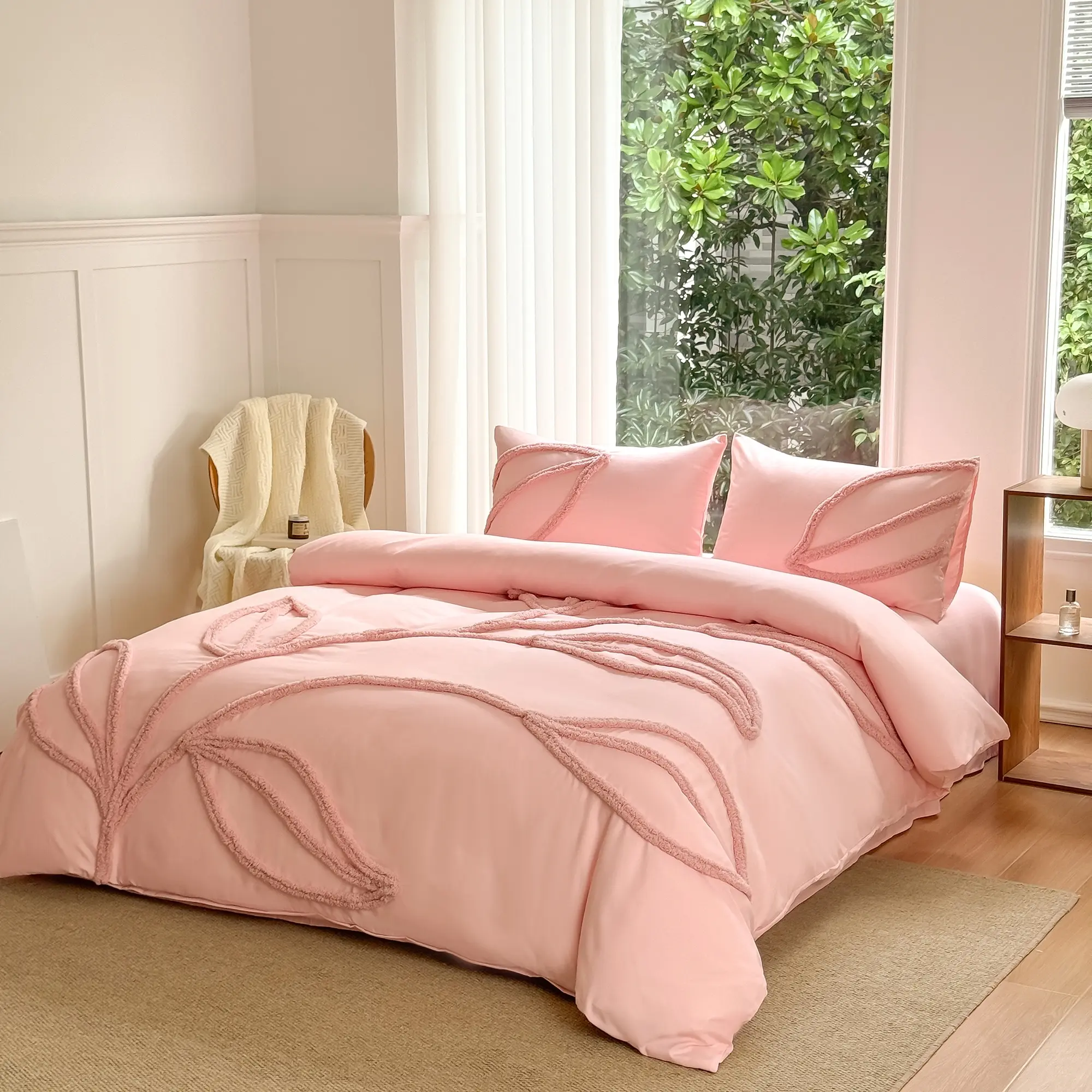 Leaf pattern Microfiber Decorative Duvet Cover Set, Boho Tufted Comforter Sets with Zipper Closure, Including1 Duvet Cover & 1/2 Pillowcase without Filler, Soft Comfortable Bedding Set, Breathable Duvet Set for Home Bedroom