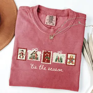 Comfort Colors Retro Winter Stamp T-shirt, Patchwork Christmas Stamps, Coquette Christmas Tshirt, Winter Stamp Tee