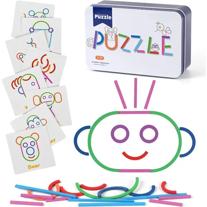 Unisex Wooden Creative Puzzle Stick Set - Educational Toy for 4-6 Years with Flash Cards, Storage Box, Exercises Hand-Eye Coordination, Ideal Gift for Home, Travel Leisure