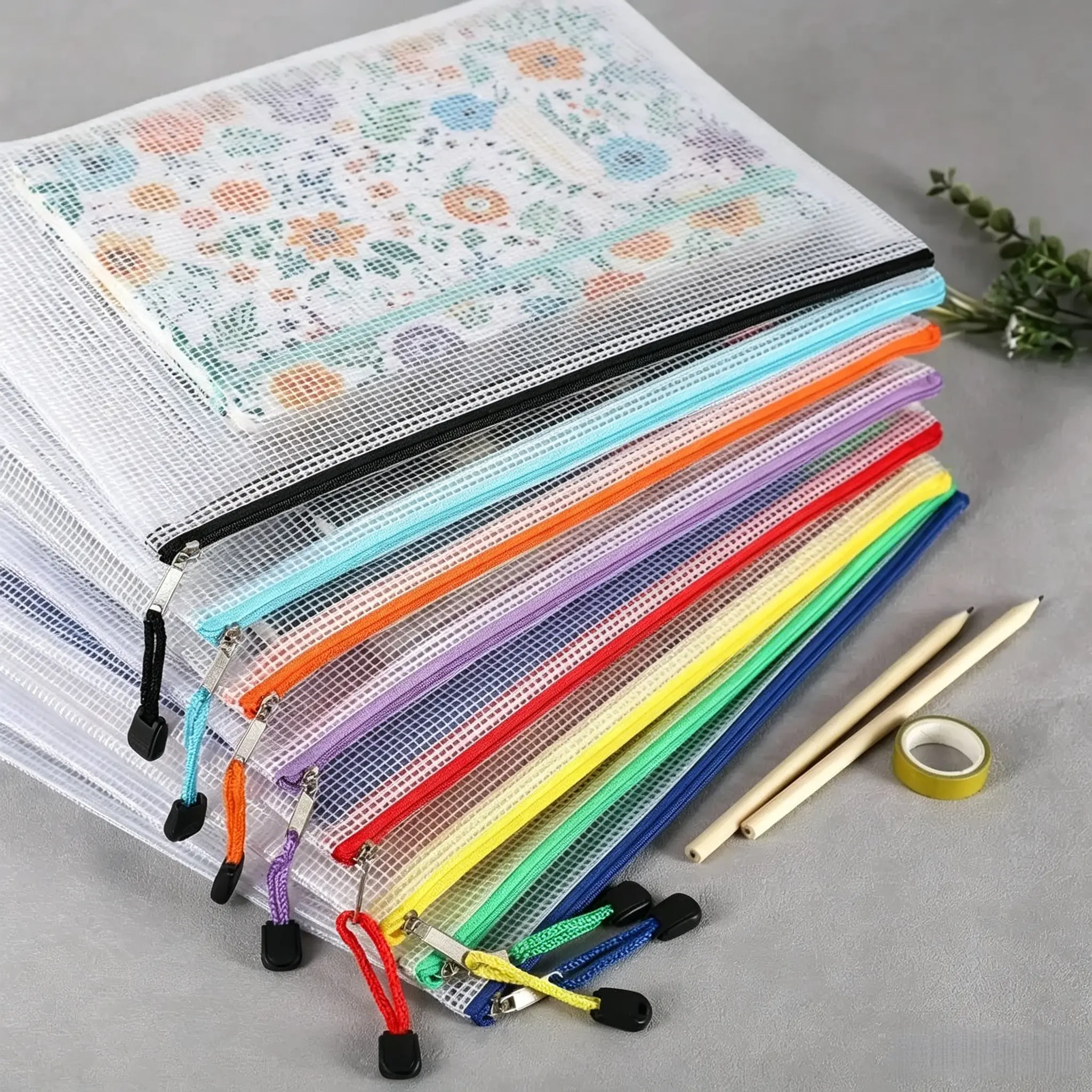 A4 Paper Mesh Zipper Pouch, 10 Counts/set Waterproof Zipper File Paper Stationery Bag, Sorting File Storage Bag for School Office Dormitory Home Outdoor, Paper Organizers