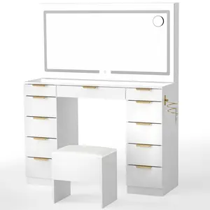 【2 packages shipping】Pamapic Makeup Vanity with Mirror and Drawers Vanity Desk Set with 3 Modes Adjustable Brightness Lights and USB Power Outlet,Glass Top Vanity Desk with Golden Handles,Upgraded Silent Slides Vanity Desk with Bench,