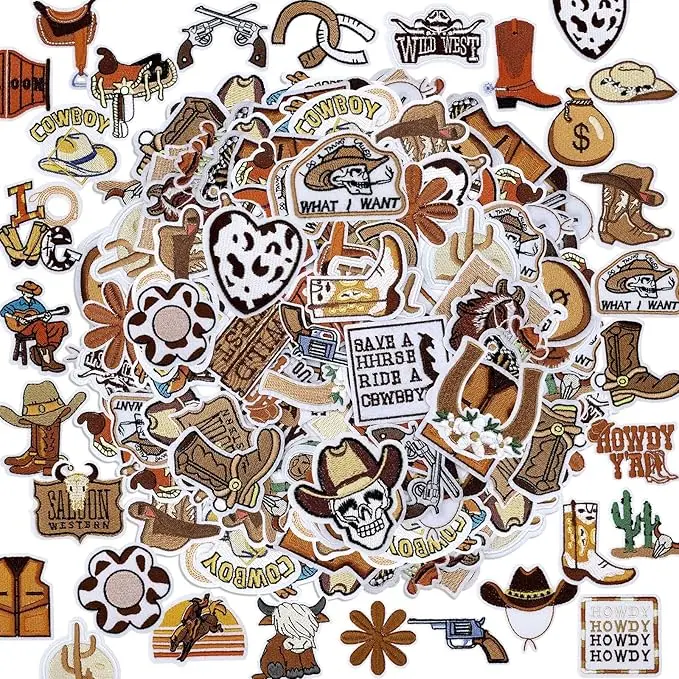 80 Pcs Country Iron on Patches Bulk for Western Hat 50 Styles Vintage Embroidery Iron on Patches for Cowboys Cowgirls Patches Brown Patches for Backpacks Shirts Stockings Sweater Hats