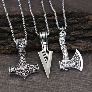 3 Piece Viking Men's Necklace Norse Mjölnir Thor's Hammer Compass Celtic Knot Wolf Axe Pendant Nordic Amulet Necklace Father's Day Gift Festival Jewelry