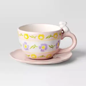 10 fl oz Easter Stoneware Funny Bunny with Floral Tea Cup and Saucer Plate - Threshold ™