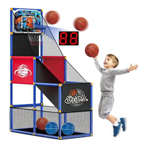 CuLiDing Adjustable Unisex Arcade Basketball Hoop - Timer, Mesh Ball Storage, 4 Balls, Indoor-Outdoor Single Shot Screen-Free Sports Toy, Fun Toddler & Boys' Kids Gifts, Teamwork Activity for 12 Months, 3-4 Years Old