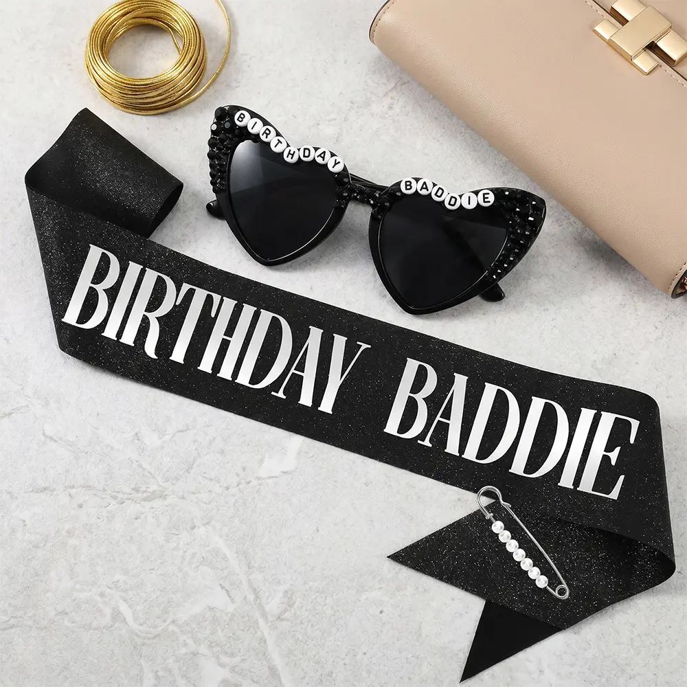 1Set Birthday Baddie Sash and Sunglasses for Women,Birthday Outfit Women Accessories Pins for Party Decoration Favors Supplies